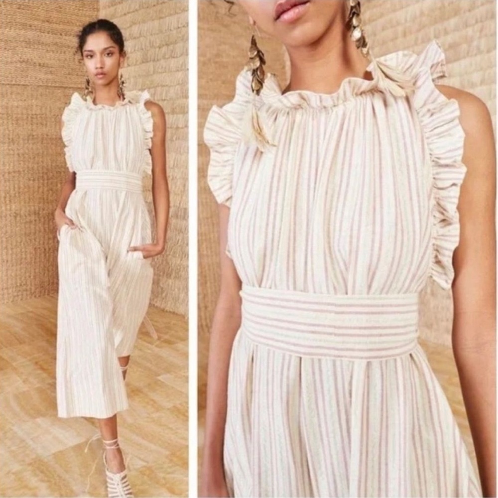 Ulla Johnson Simka Jumpsuit Striped Beige Metallic Ruffle Sleeveless Sz 2